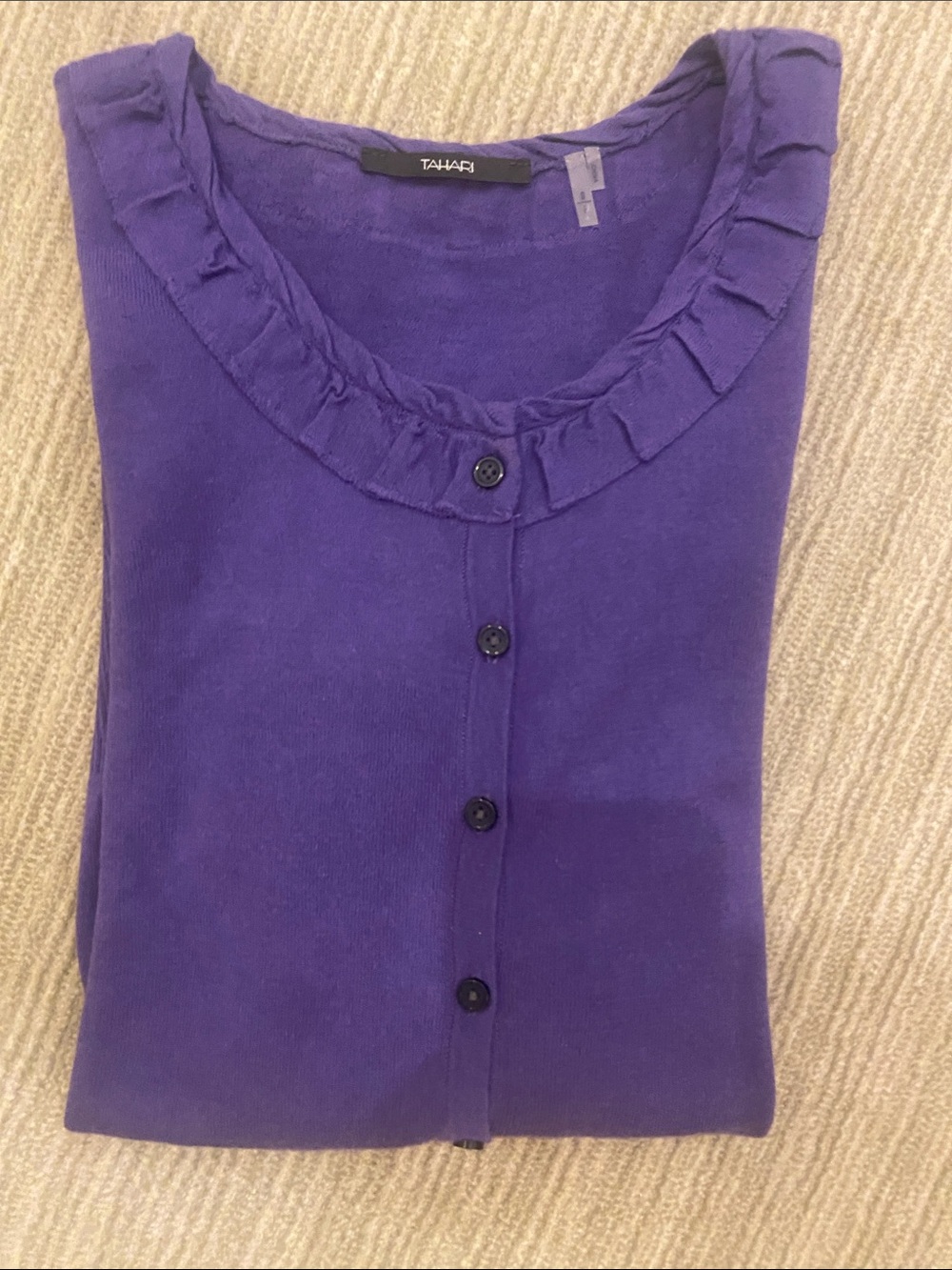 Tahari Purple Ruffle Neck Button Cardigan